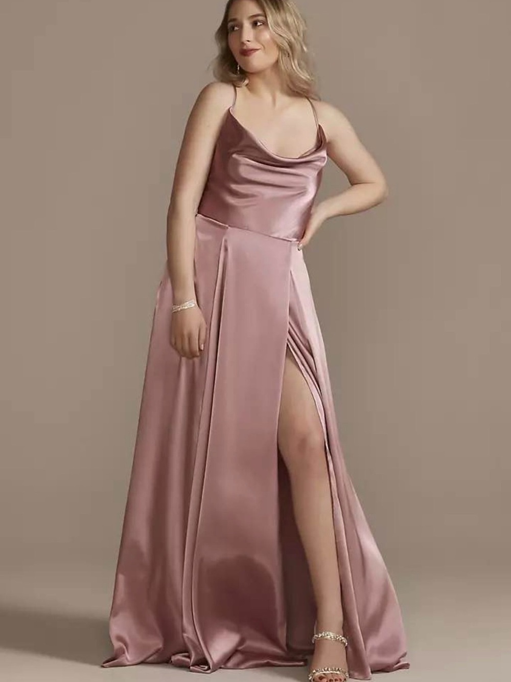 David's Bridal Rose Gold Satin Cowl Neck Slip Gown